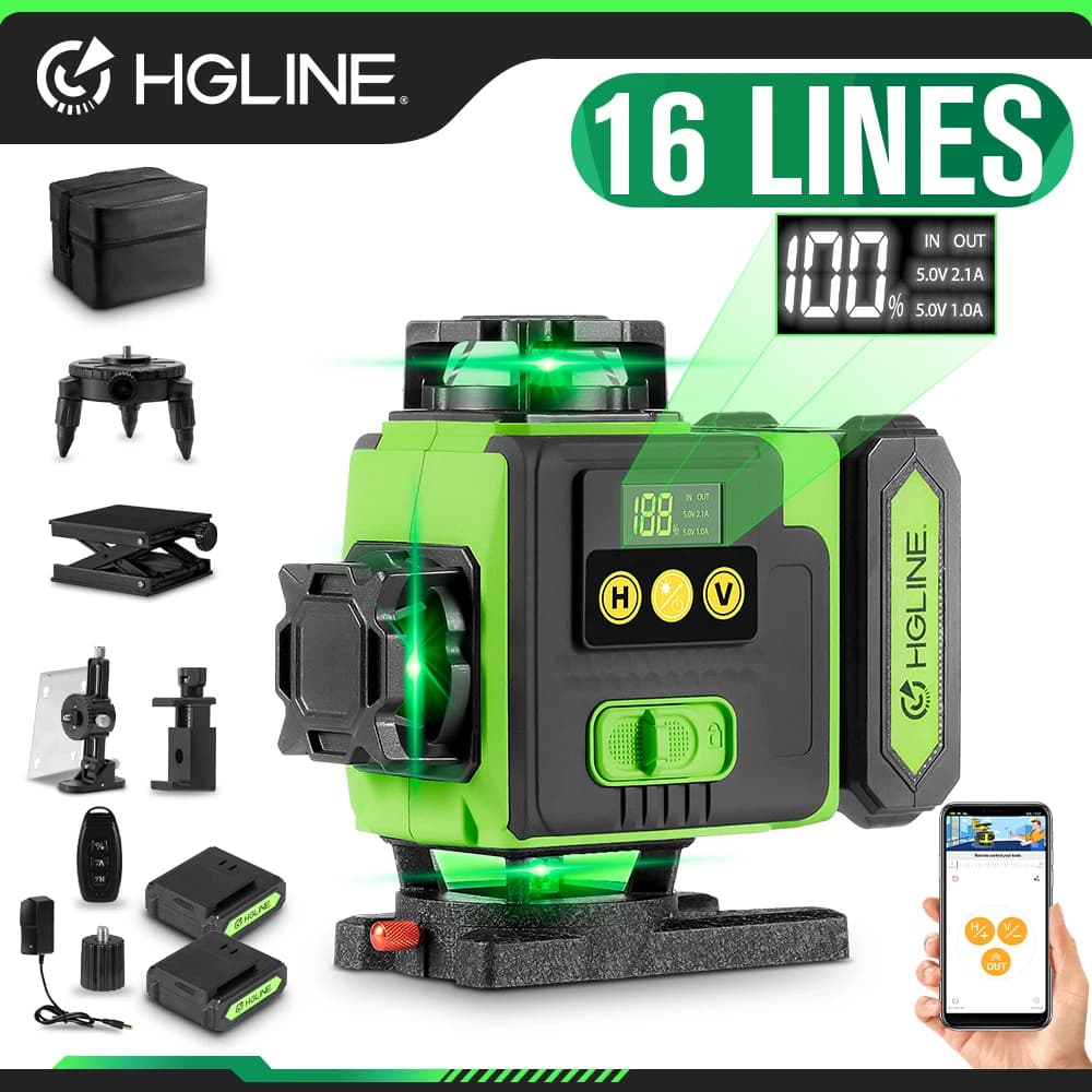 HGLINE 16 Lines 4D Laser Level APP Remote Control Rechargeable Self-leveling 360 Laser Level 6000mAh Big Li-ion Battery