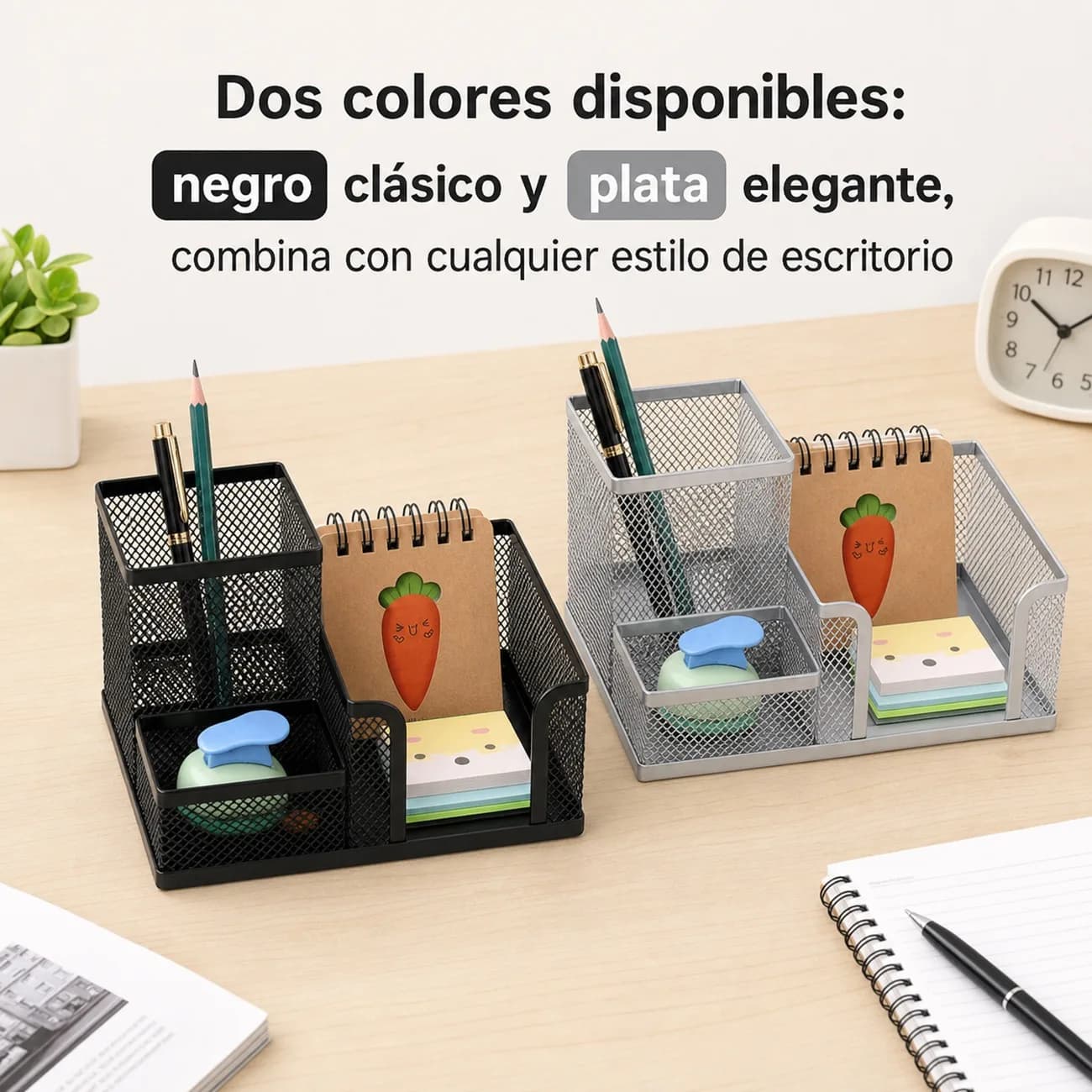 Metal Mesh Desk Organizer with 3 Compartments, Iron Pen Holder for Office and Home, Note and Stationery Stand, 20.5x10.4x10 cm, Black and Silver