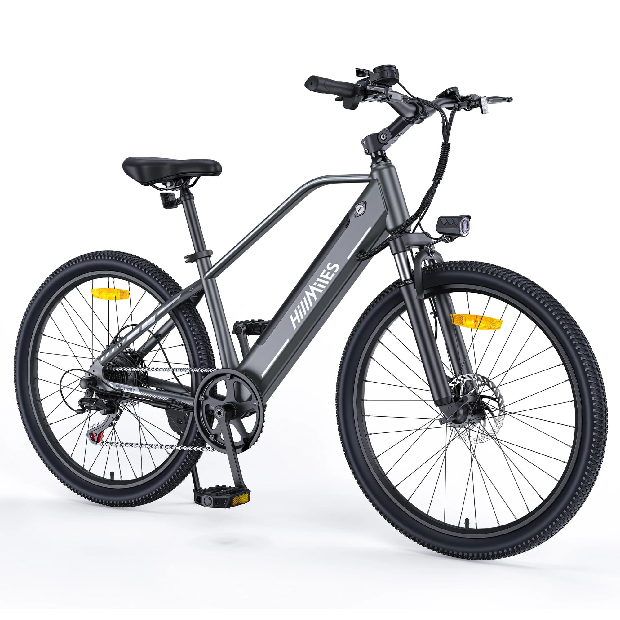 HillMiles MileTrail Electric Mountain Bike, 250W, 36V 13Ah Battery, 25km/h, Front Suspension, 7-Speed, Mechanical Disc Brakes