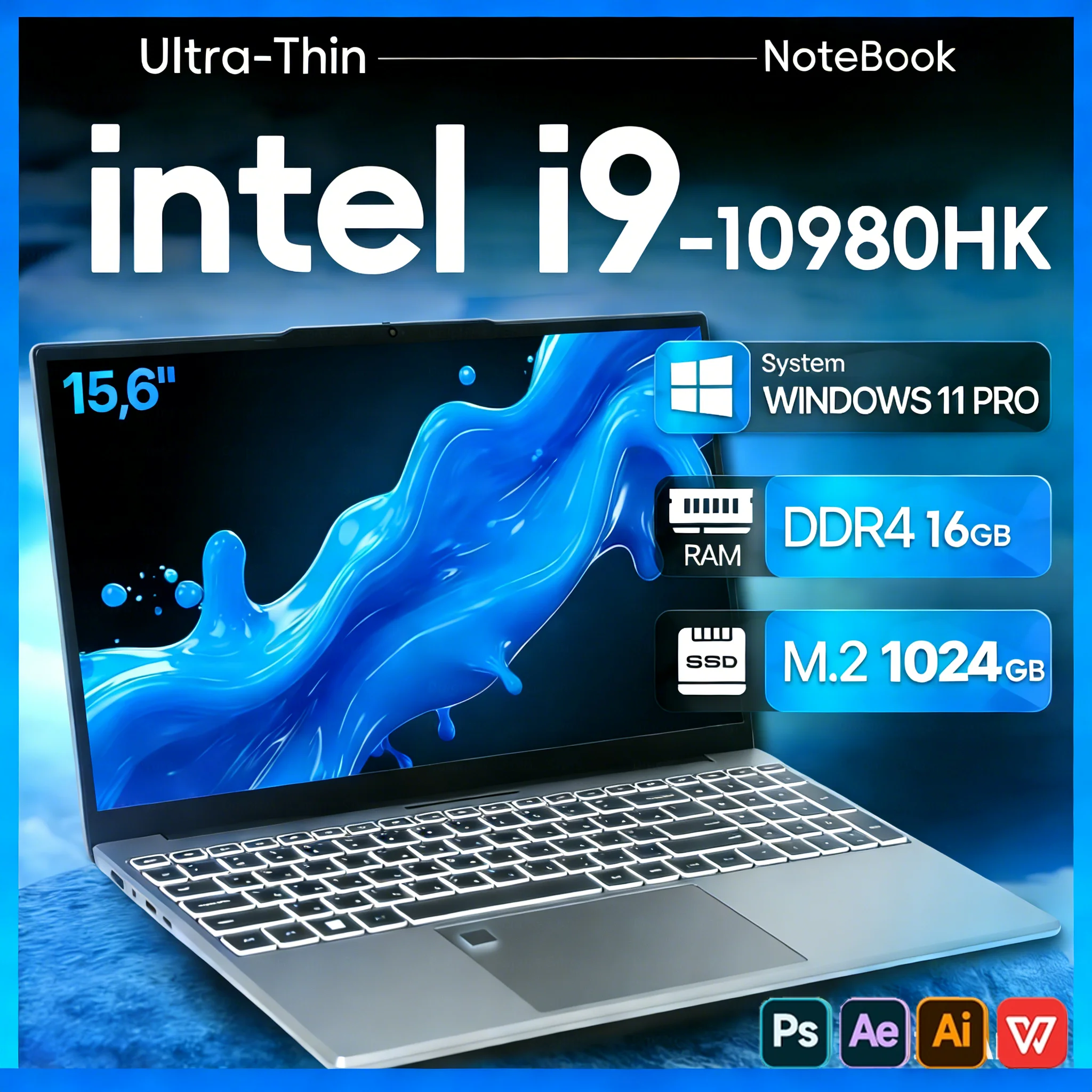Portable Laptop Windows 11 Intel Core I9-10980HK 15.6 Inch 16GB RAM 1TB SSD Office Laptops Fingerprint Unlock Notebook