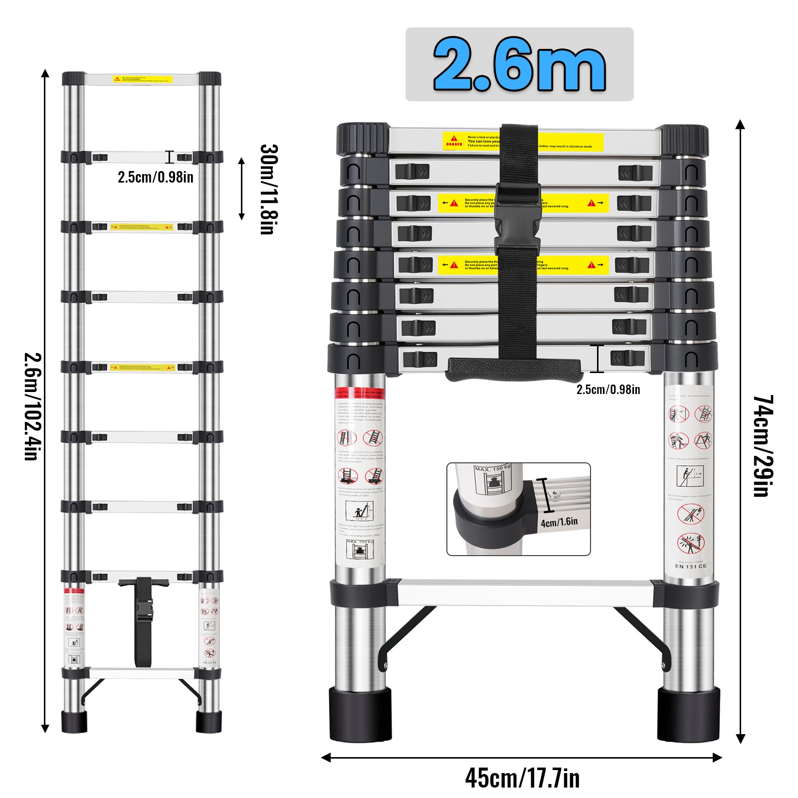 4.4/3.8/3.2/2.6m Telescopic Ladder Foldable Adjustable Step Ladder 150kg Load Reinforced Stainless Steel Safety Ladders Outdoor