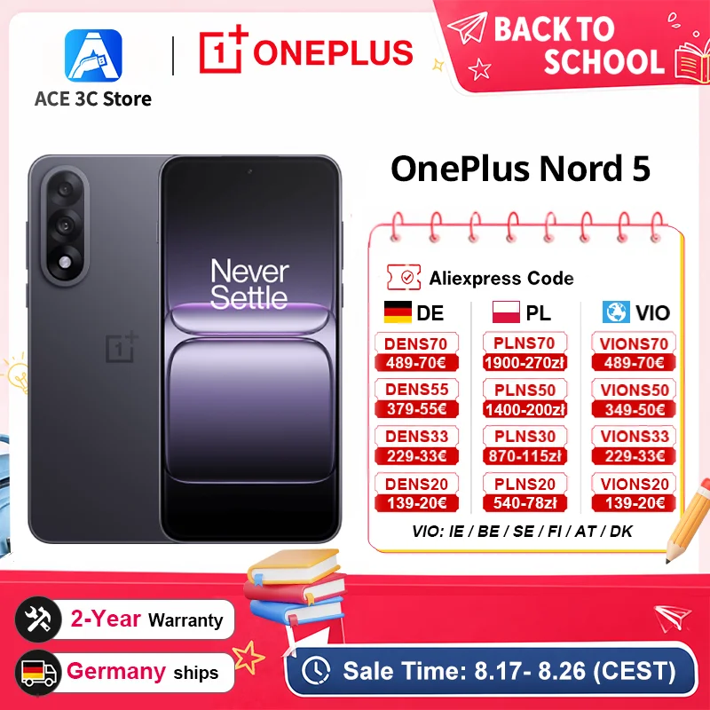 Global version samrtphone OnePlus Nord 5 5G 8GB+256GB 12GB+512GB Snapdragon 8s Gen 3 Android 15 6800 mAh 80W Wi-Fi 6  NFC