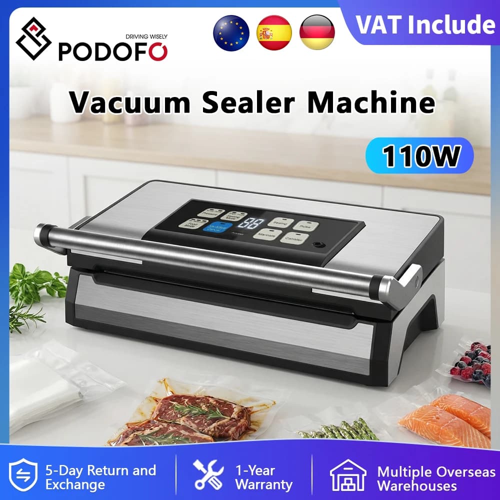 Podofo 110W 90kPa Food Vacuum Sealer Machine Wet Dry Liquid Food Sealer With Double Heat Seal Cutter Food Vacuum Packaging Tool