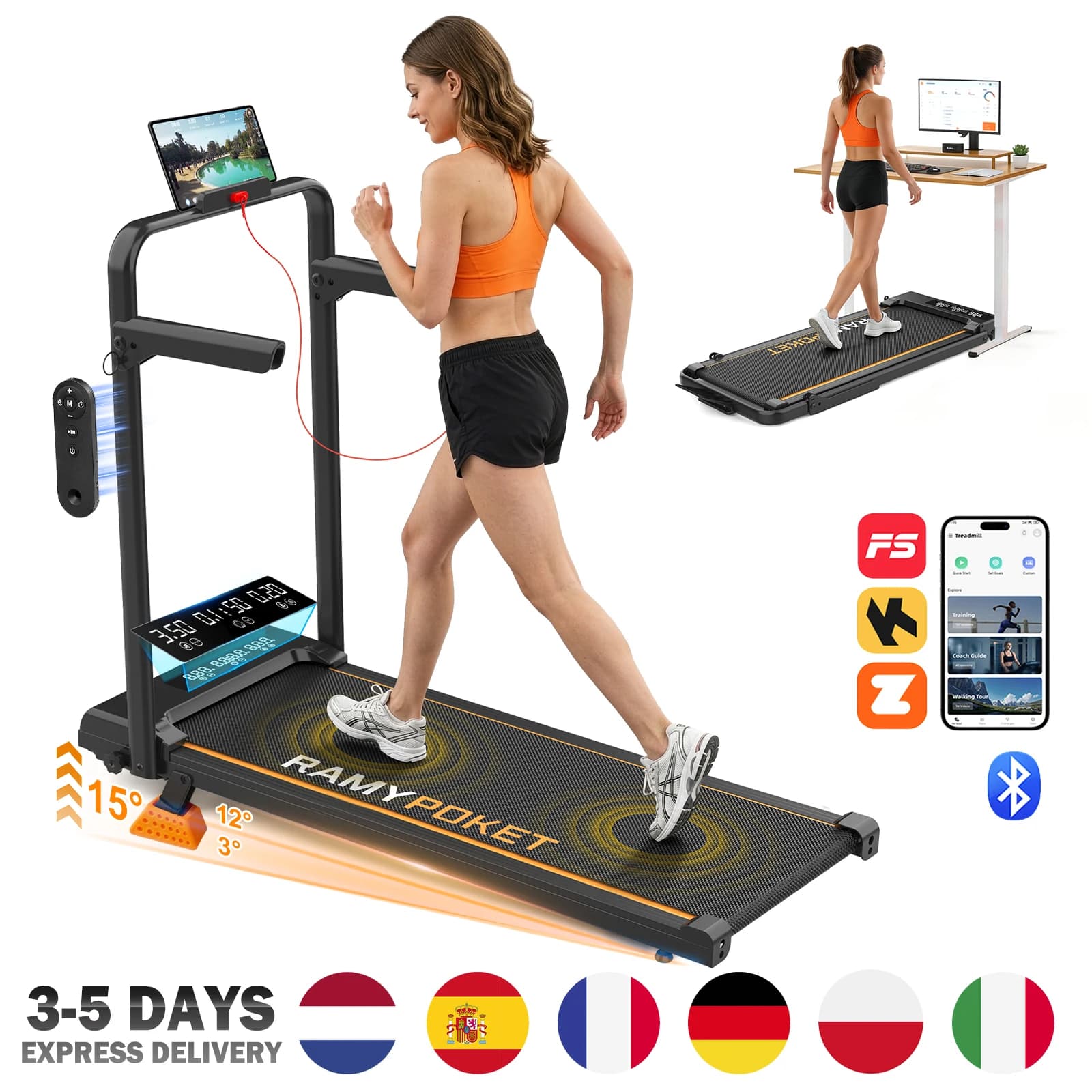 RAMYPOKET Walking Pad Treadmill with 15% Incline APP Control, 3-Window LED 2.5HP Treadmill for Home & Office 150KG Capacity 1-12 Km/h Treadmill Running Machine