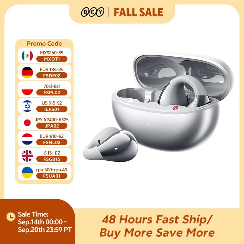 QCY Crossky C30S Open Ear Wireless Earphones Hi-Res with LDAC Ear Clip Earbuds Bluetooth 6.0 Clip On OWS Sports Headphones 40Hrs