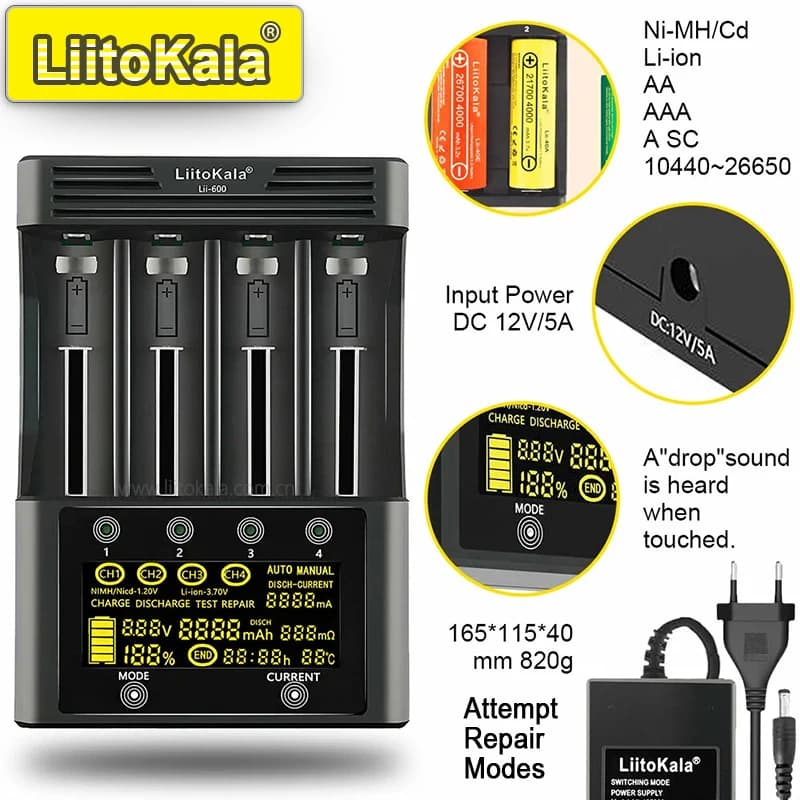 LiitoKala Lii-600 4 Bay LCD Smart Charger 3A Fast Charging 18650 21700 26650 26700 Li-ion NiMH AA AAA C Capacity Tester
