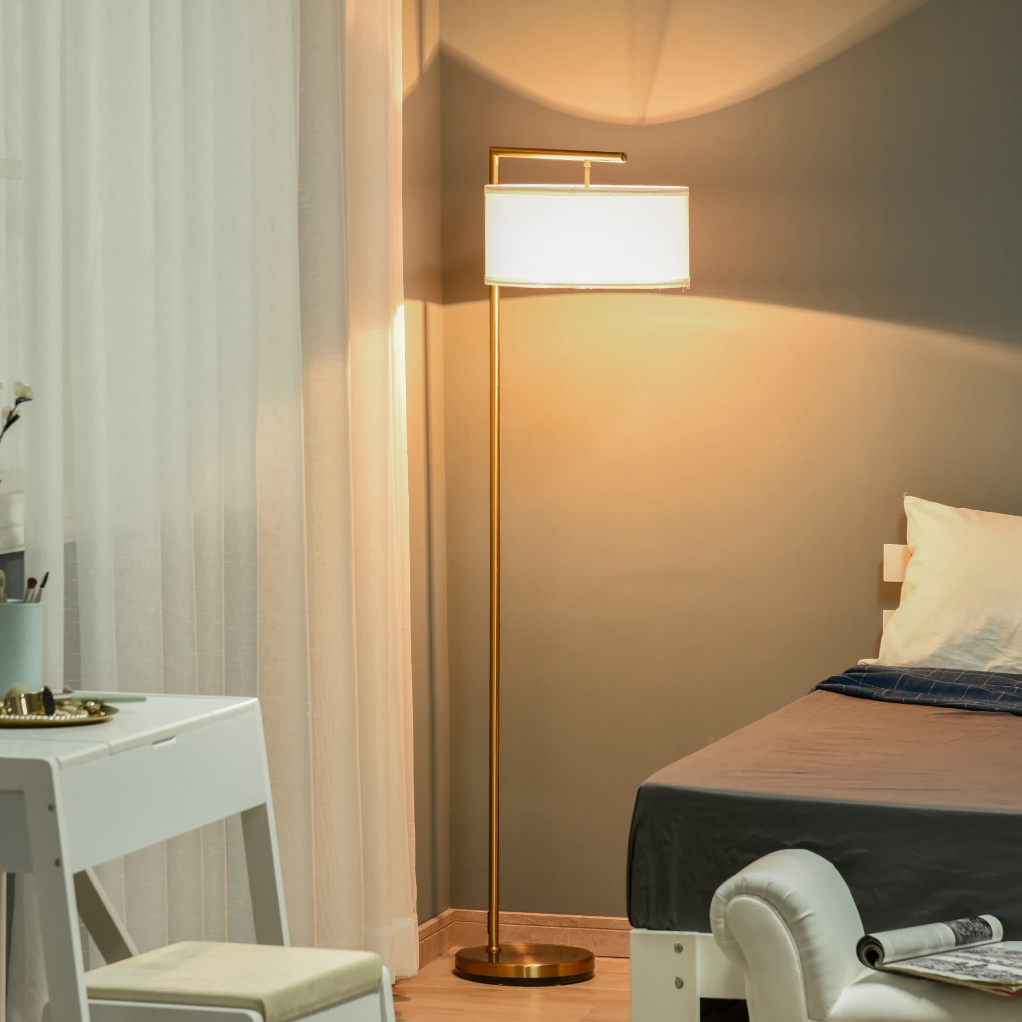 Metal Steel & Linen E27 Floor Lamp for Living Room Office, Premium Gold White Finish, Durable 47x37x153 cm