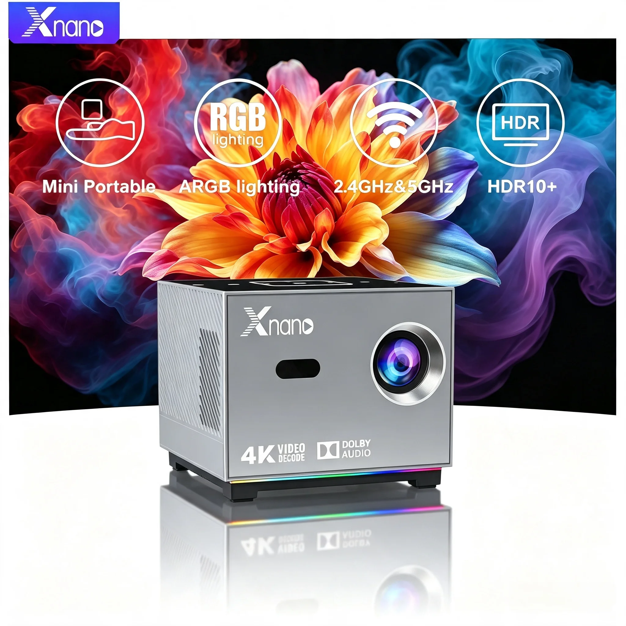 Xnano X3 Portable Smart Projector  Android 11 Dual Band 2.4G/5G WiFi Native 720P 4K Decode BT5.0 ARGB Ambient Light Electric Focus Home Theater Projector