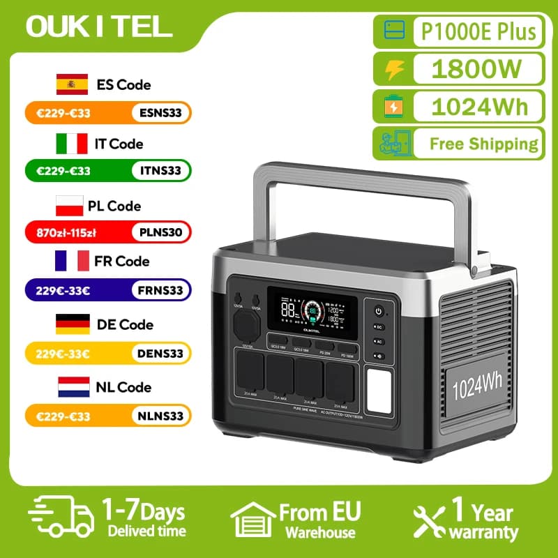 OUKITEL P1000 PLUS Portable Power Station 1800W Solar Generator 1024Wh Lifepo4 Battery Home Backup Outdoor Camping Mobile power