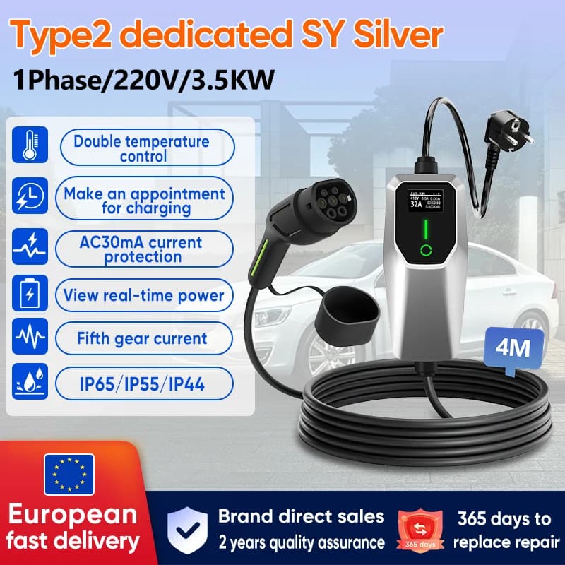 Junsun Type 2 EV Charger 3.5KW 7kw 11kw 22kw IP65 Portable Fast Charger with Real-Time Data Monitor for Tesla VW Renault Nissan