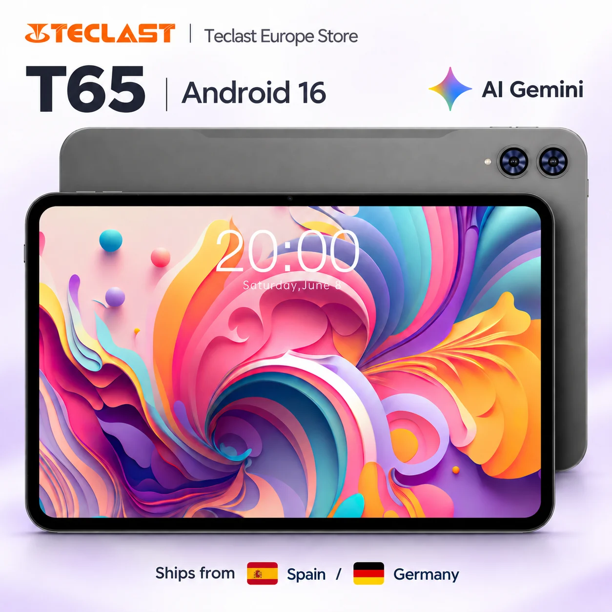 Teclast T65 Android 16 Tablet with Gemini AI, 13.4 Inch 120Hz IPS 1920x1200 Display, Unisoc T7280 Octa Core, 6GB RAM+20GB Extended RAM, 128GB UFS Storage, 1TB Micro SD Expansion, Dual SIM 4G LTE, 8000mAh Battery
