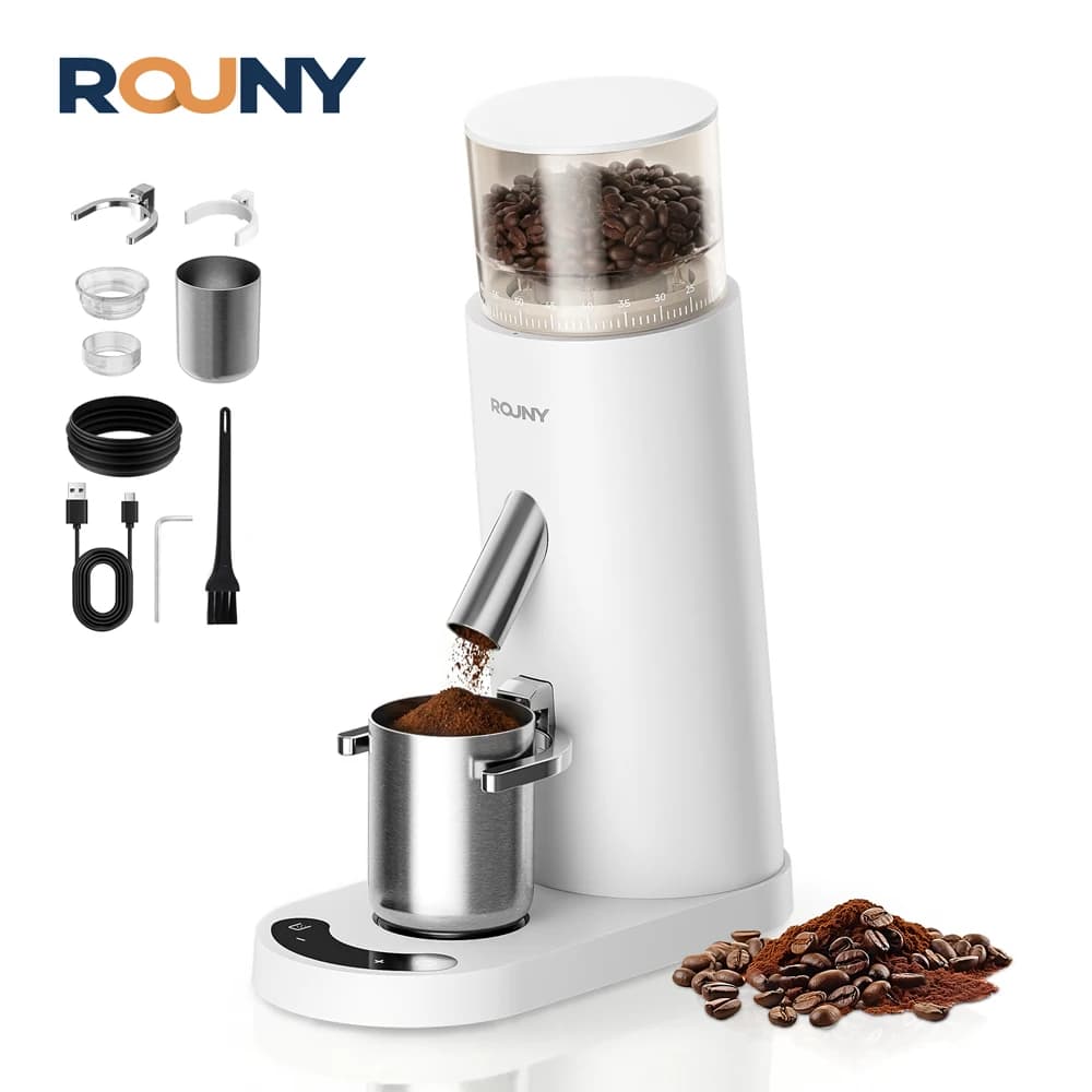 ROUNY Cordless Coffee Grinder Electric with 60 Grind Settings, Rechargeable USB-C, LED Touch Control, Low Heat Grinding, White