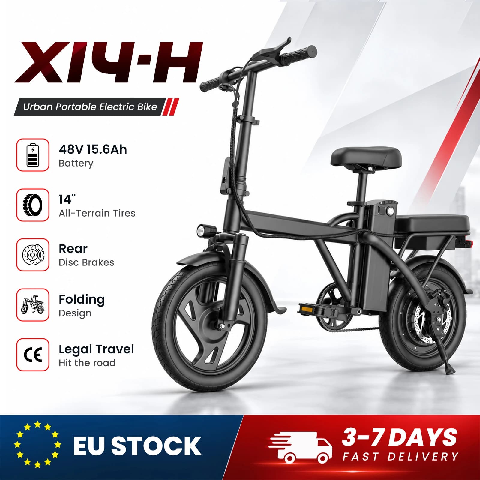 X14-H Foldable Electric Bike 250W Motor 48V 15.6Ah Battery 15Km/H Max Speed 30Km Range 14'' Portable Urban Commuting E-Bike