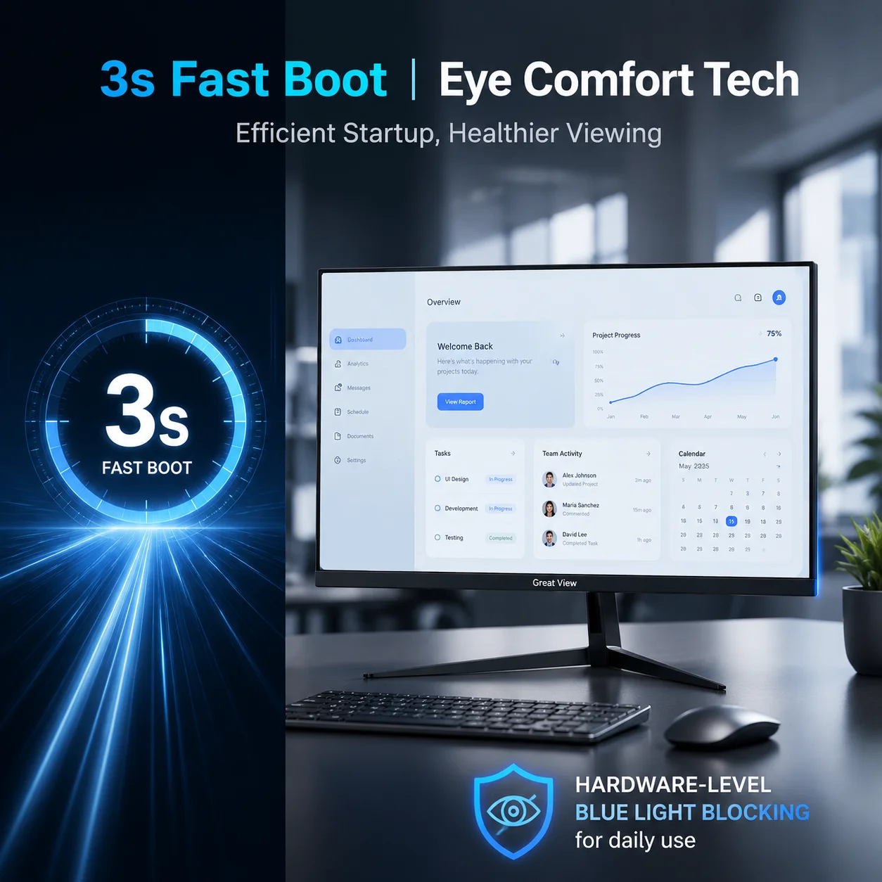 27-inch Full HD gaming monitor, 2K resolution (2560 x 1440), 100Hz high refresh rate, IPS panel, ultra-narrow bezels, eye-care technology, and adjustable viewing angles. Ideal for PC gamers, office wo
