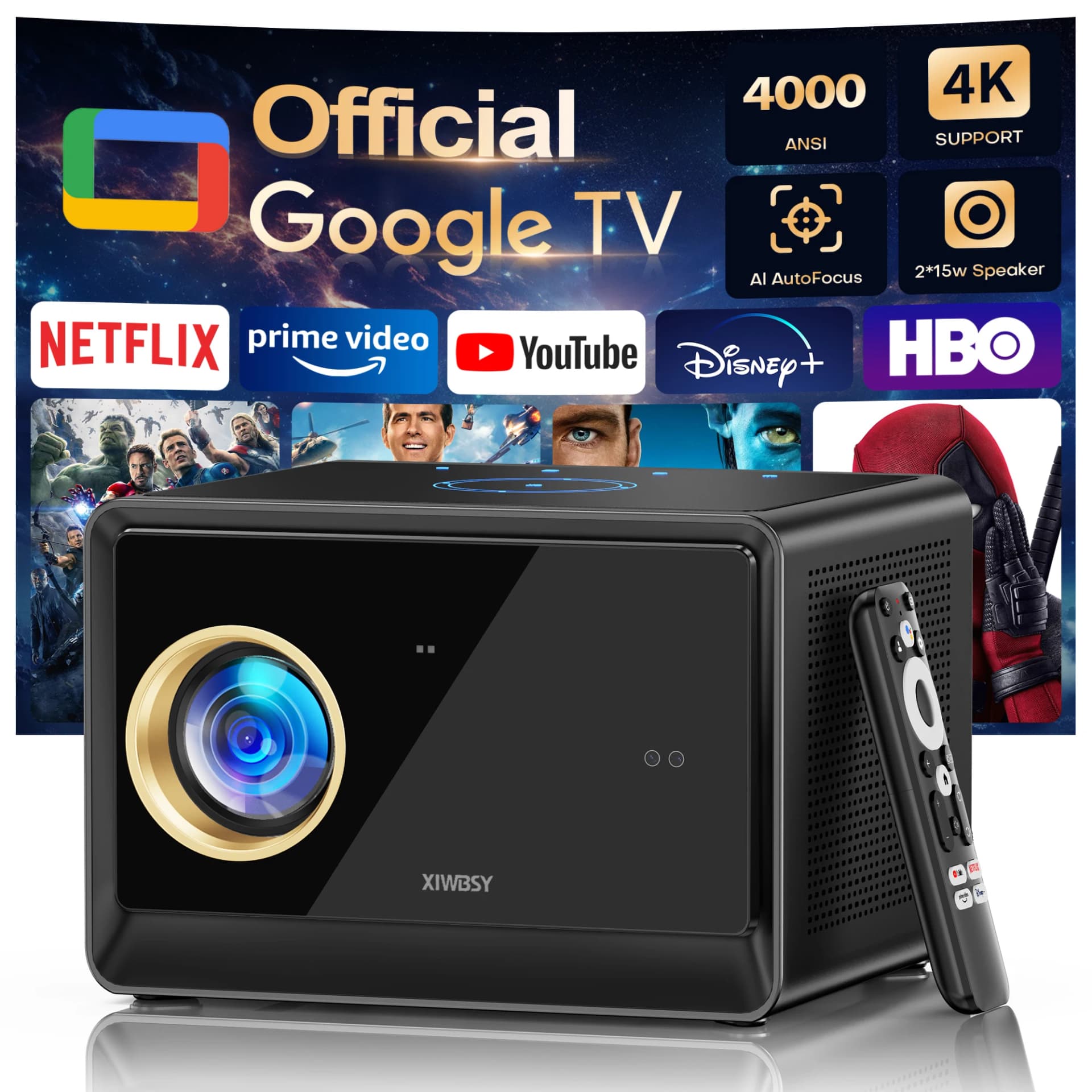 XIWBSY 4000ANSI Official Google TV Projector 4K Android 14.0 Sealed Optical Projector WiFi6 Projector Google Voice Assistant