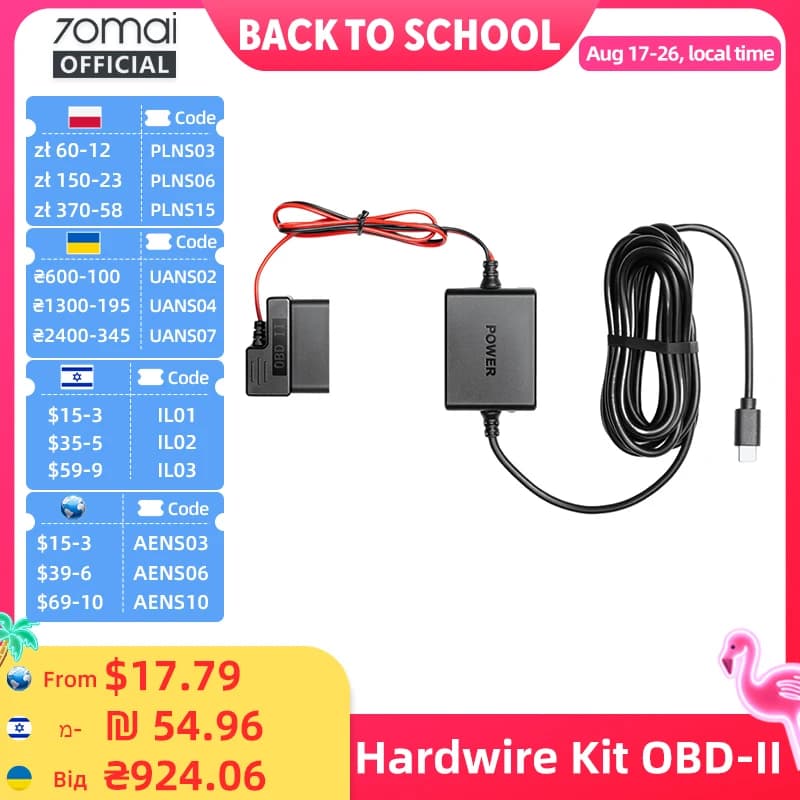 70mai Adjustable Hardwire Kit OBD II Type-C Interface Plug & Play 70mai OBD Kit 24H Parking Surveillance for 70mai Dash Cams