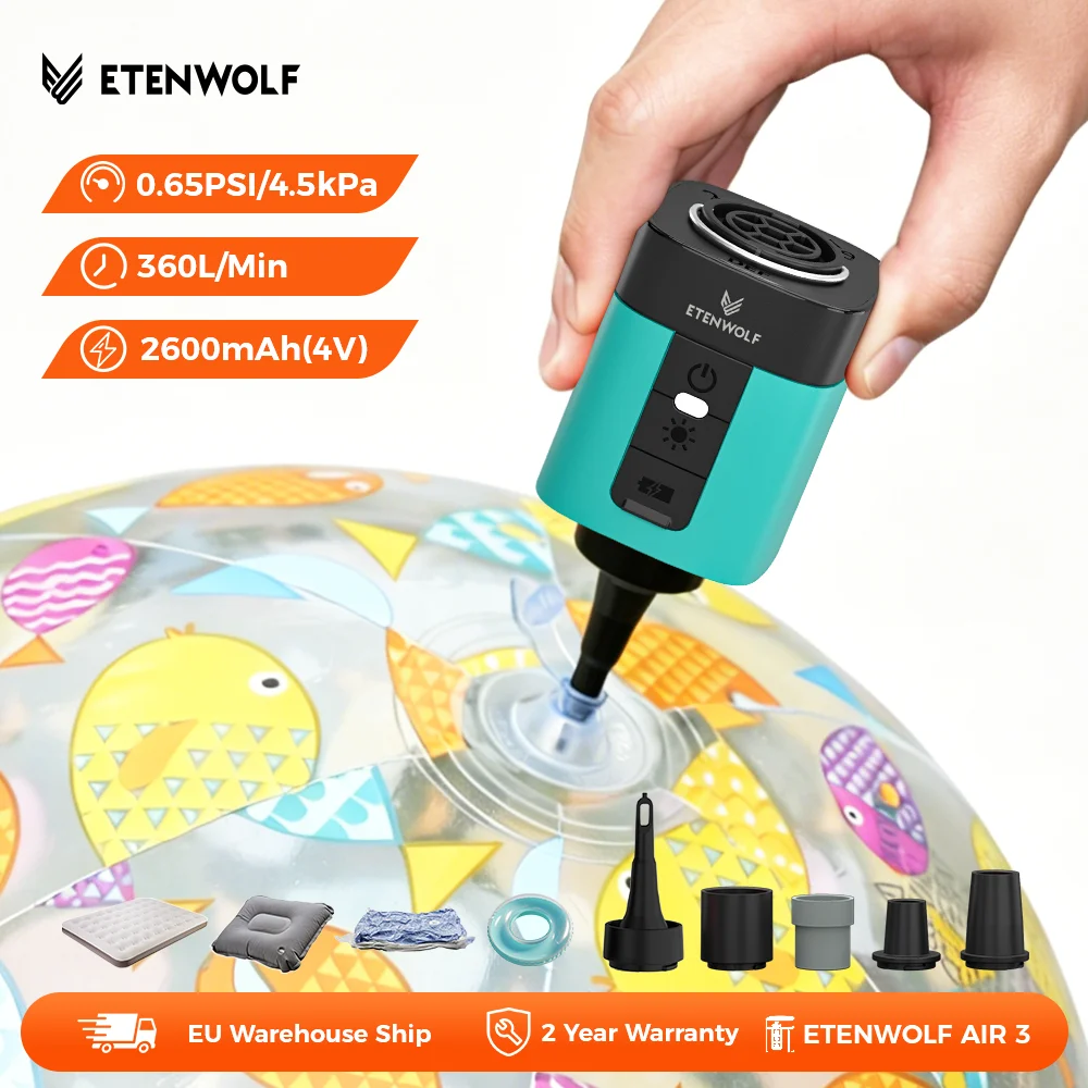 ETENWOLF AIR 3 Electric Air Pump 2600 mAh & Camping Light Inflate & Deflate Pump for Air Mattress, Pool Floats, Swimming rings