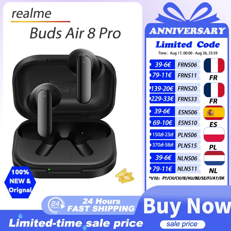 Global Version realme Buds Air 8 Pro TWS Earphone 55dB Adaptive Noise Cancellation Transparency Mode Bluetooth 6.1 IP55