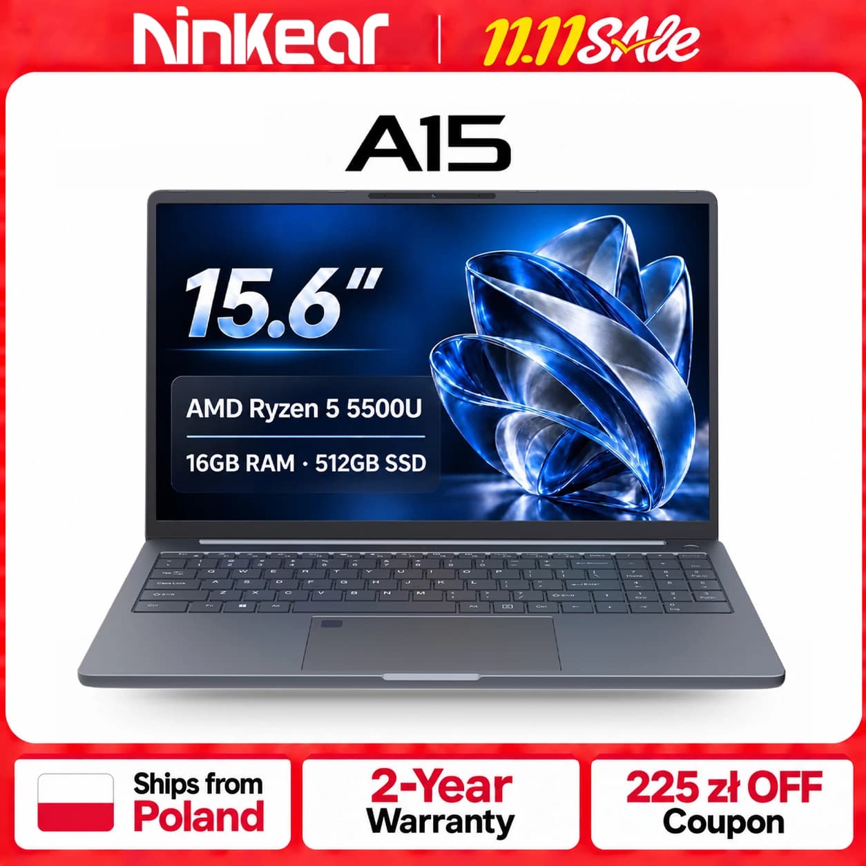 Ninkear A15 Pro Laptop 16 Inch 2.5K 2560×1600, AMD Ryzen 5 5500U 6-Core, 16GB DDR4 RAM 1TB SSD, WiFi 6, Bluetooth 5.2, 54.72Wh Battery, Backlit Keyboard, Fingerprint, 65W PD