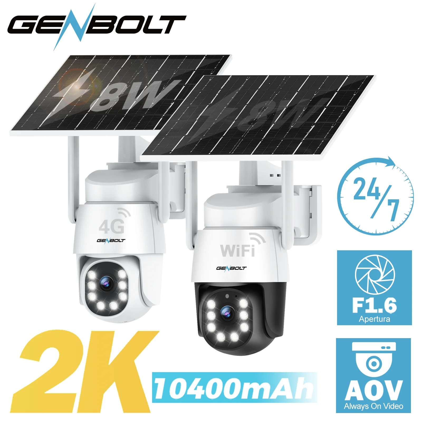 2K AOV WiFi or 4G Solar Security Camera Outdoor,7/24 Recording Home Surveillance IP Camera PTZ with 90FT AI Detection GENBOLT