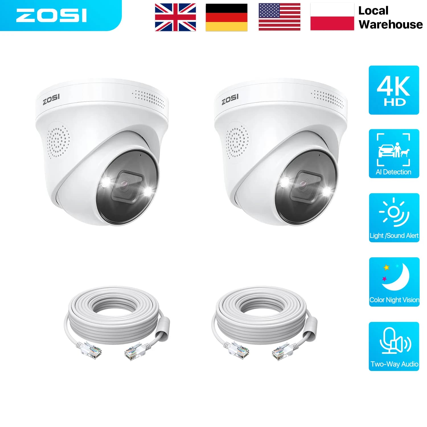 ZOSI 8MP 5MP PoE Dome Camera Set Outdoor/Indoor AI Human Car Detection 2-Way Audio Color Night Vision Surveillance IP Camera Kit