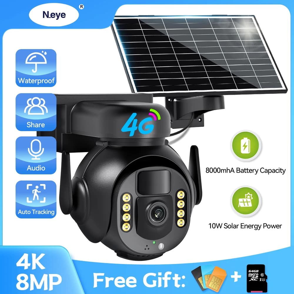 PTZ Outdoor 4G Solar Camera 8MP High-Definition Built-In Battery Video Security Camera PIR Human Body Sensing Long Standby Time