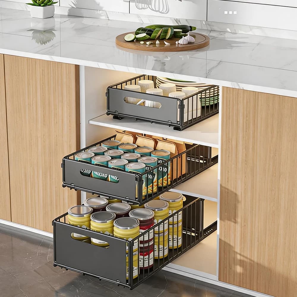 Set of 2 Cabinet Storage Rack Metal Kitchen Organizer Pull-Out Shelves Large Capacity Easy to Install for Spice Jar Dish Pan Storage