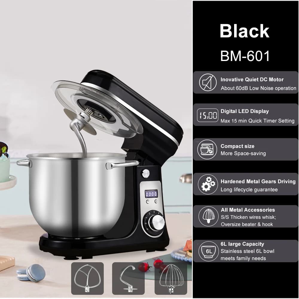 BioloMix 6-speed Kitchen Food Stand Mixer 1200W DC Quiet Motor  6L Stainless Steel Bowl with Cream Egg Whisk Whip Dough Kneader