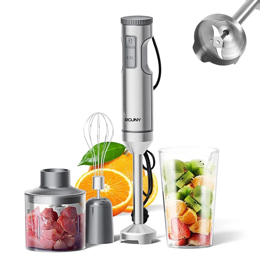 ROUNY Powerful Immersion Blender,4-in-1 Stainless Steel Stick Baby Food Mixer,700ml Mixing Beaker,500ml Processor,Whisk, MAX 1200W