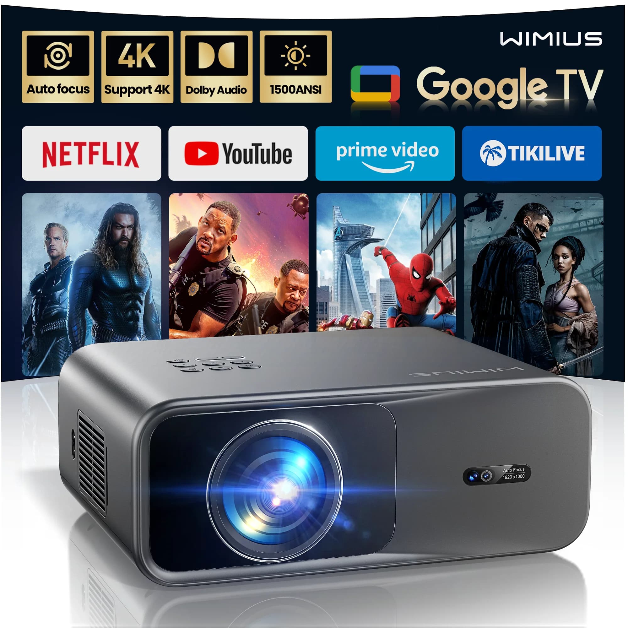 Wimius Projector 4K 1200ANSI Google TV BT5.2 Projectors Full HD 1080P Keyston Beamer 20W Speakers Home Theater Laser Proyector