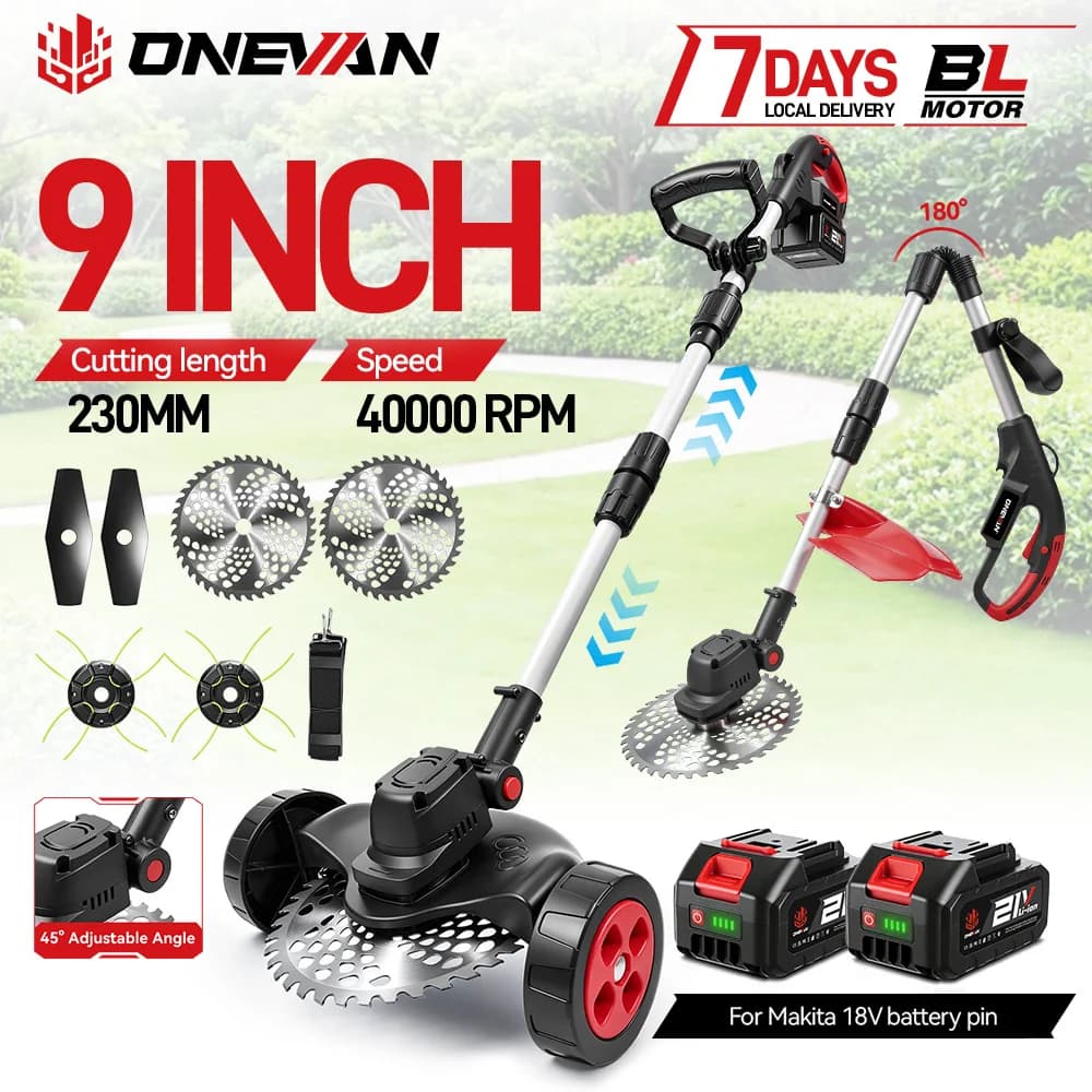 ONEVAN 9Inch 40000RPM Brushless Electric Lawn Mower Cordless Foldable Cutting Garden Yard Grass Trimmer Power Cutter Tool For Makita 18V Battery Pin