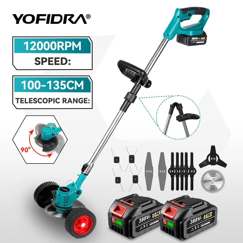 YOFIDRA Electric Lawn Mower Cordless Garden Grass Cutting Trimmer 100-135cm Length Cutter Power Tool For Makita 18V Battery Pin