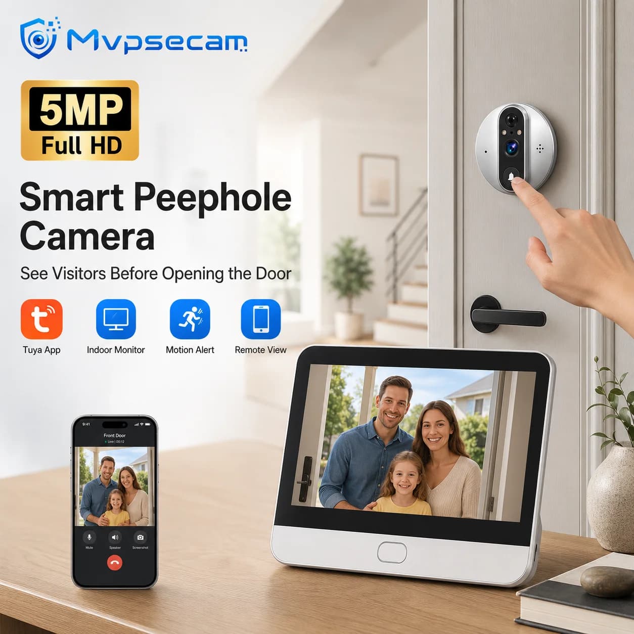 5MP WiFi Peephole Doorbell Camera Digital Door Viewer with 4.3 Inch Color Screen Tuya App Remote Monitoring PIR Human Detection Two Way Talk Infrared Night Vision 5000mAh Rechargeable Battery Micro SD Recording for House Apartment Entrance Security System