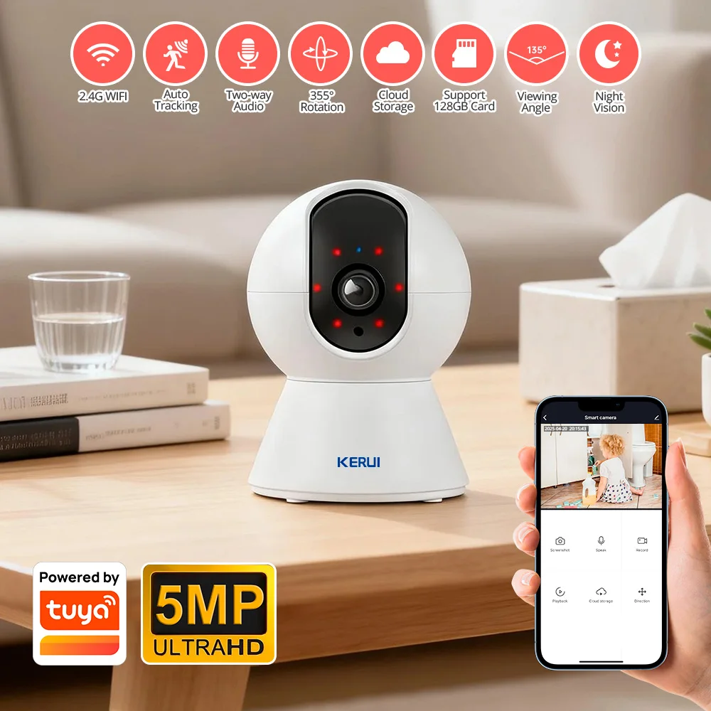 KERUI 8MP 5MP 4K PTZ Camera Work With Tuya Indoor WiFi IP Camera Auto Tracking Wireless Security Home CCTV Surveillance Camera