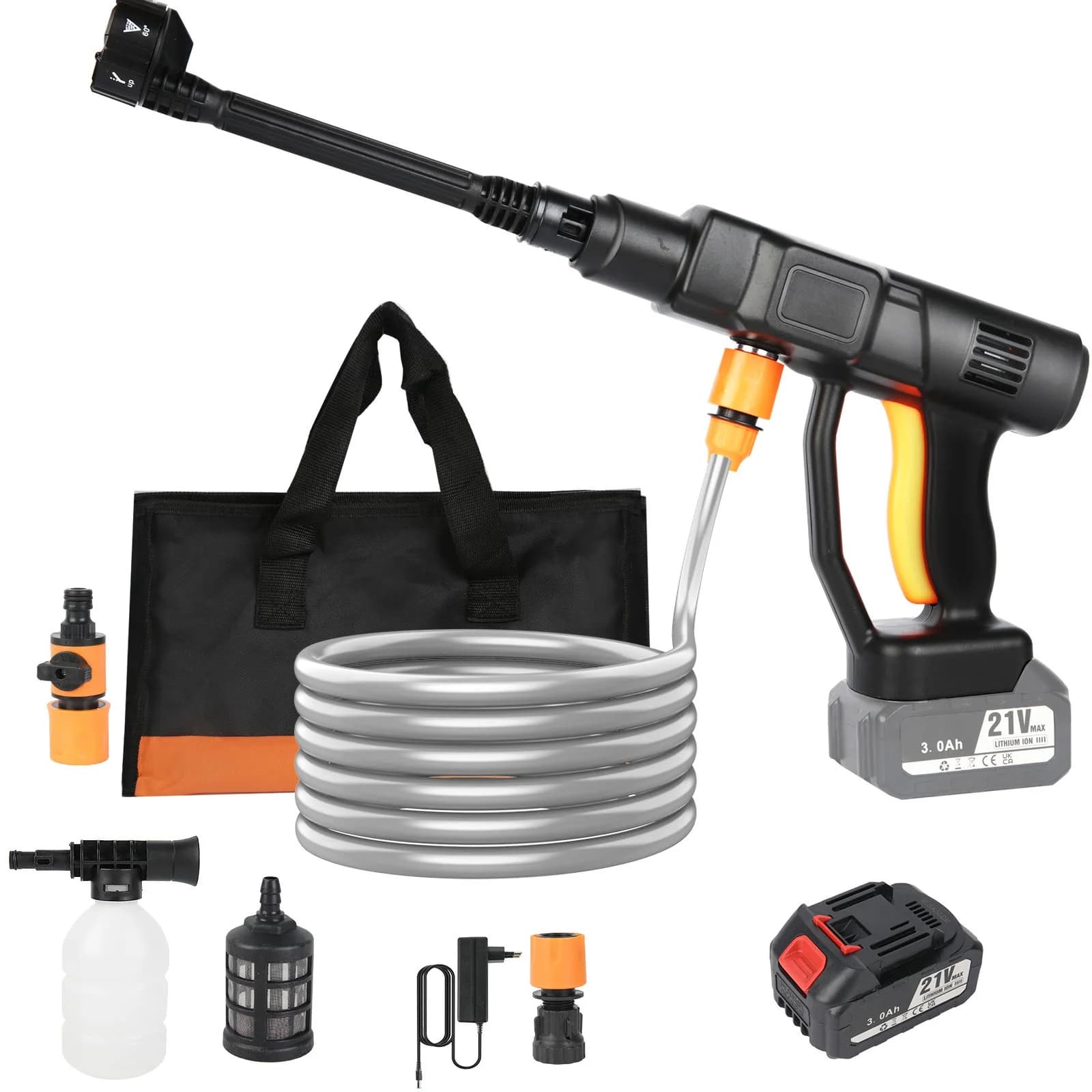21V Portable Cordless Power Washer Gun, Portable Pressure Cleaner with 2 Batteries & 5M Hose, 150Bar High Pressure Cleaner Garden Patio Outdoor Cleaning