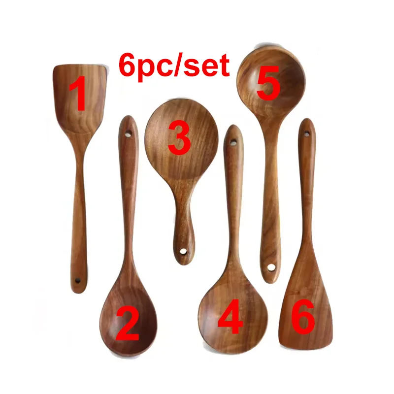 Teak Natural Wood Tableware Spoon Ladle Turner Long Rice Colander Soup Skimmer Cooking Spoons Scoop Kitchen Tool Set