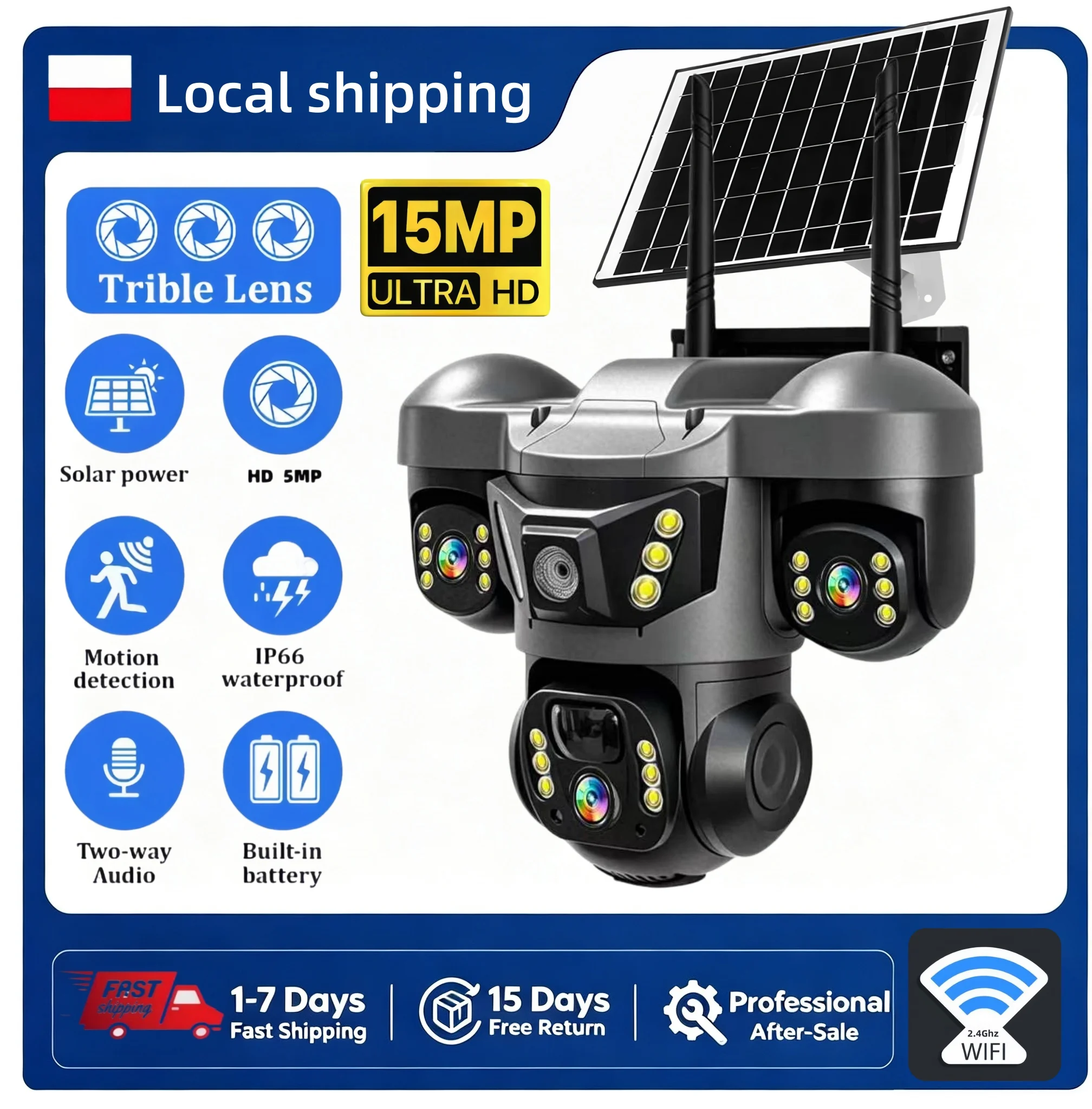 V380 WiFi solar surveillance camera, 15MP, 3 lenses, 3 screens, 10x optical zoom, PIR motion detection, night vision, waterproof CCTV security camera