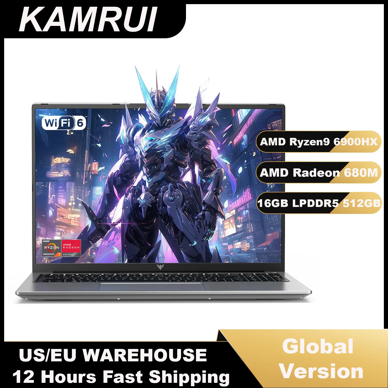 KAMRUI 16inch Laptop AMD Ryzen 9 6900HX 16GB LPDDR5 512GB PCIe3.0 SSD 1920P FHD 4400MAh Type-C Win11 Computer for Gaming Laptop