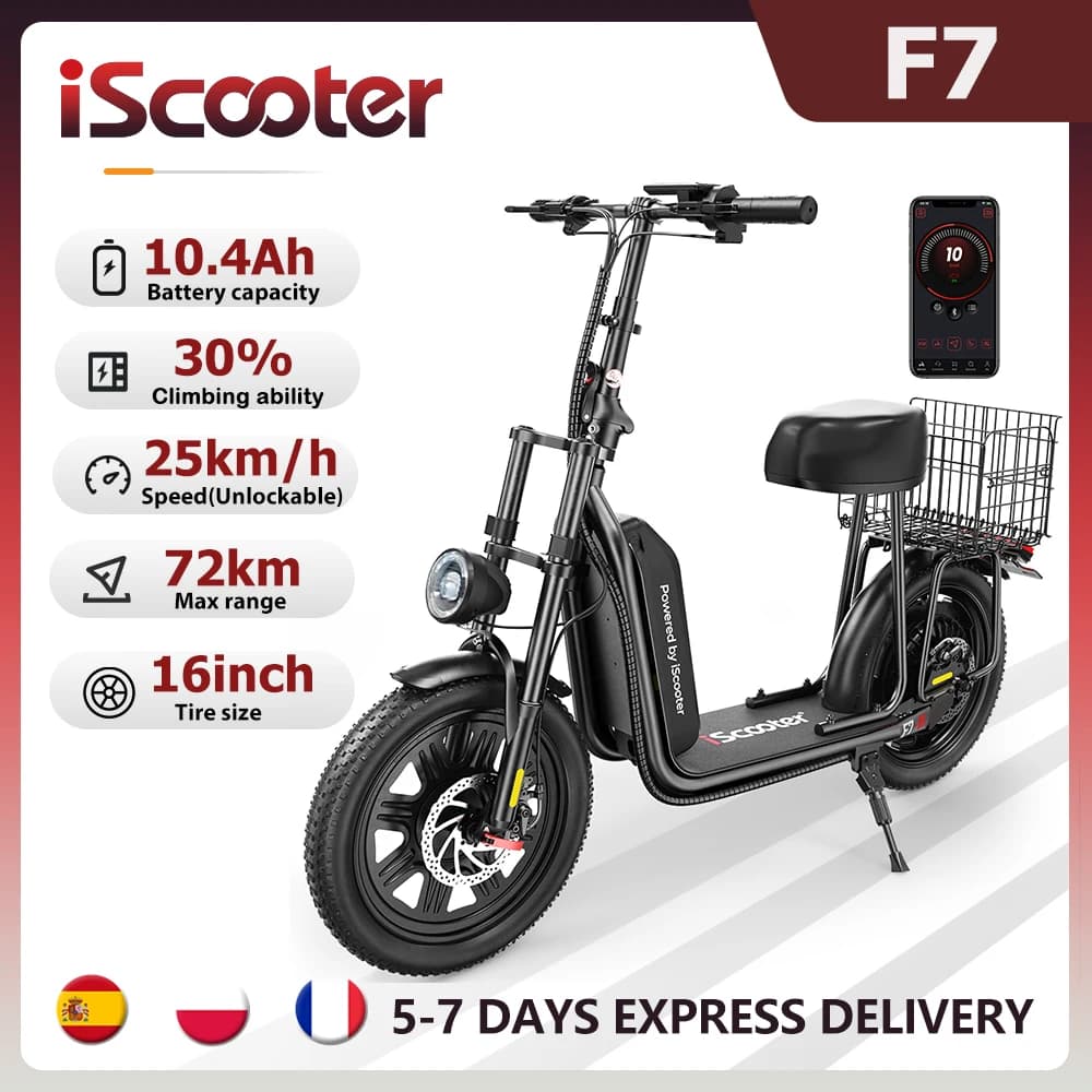 iScooter F7 Power E-Scooter 48V10.4Ah 72km Range App Control 16" All-Terrain Tires Climbing gradient 20% Adult Scooter Foldable Rear Basket Perfect Grocery Helper