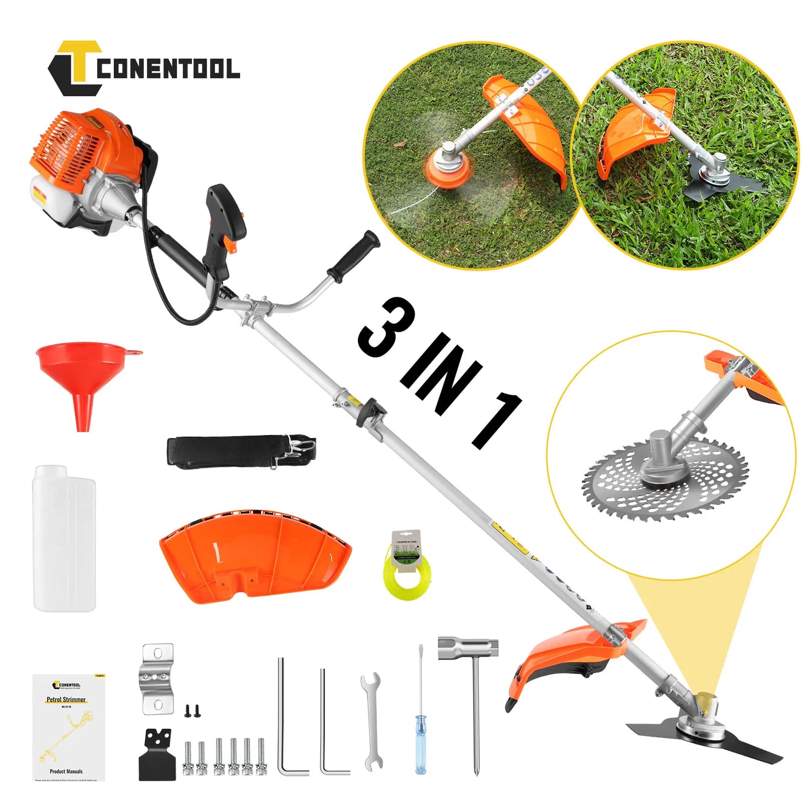 Conentool 11000RPM 52CC Petrol Brush Cutter 5 in 1 Handheld Garden Grass Trimmer 2 Stroke Hedge Trimmer Chainsaw Tool