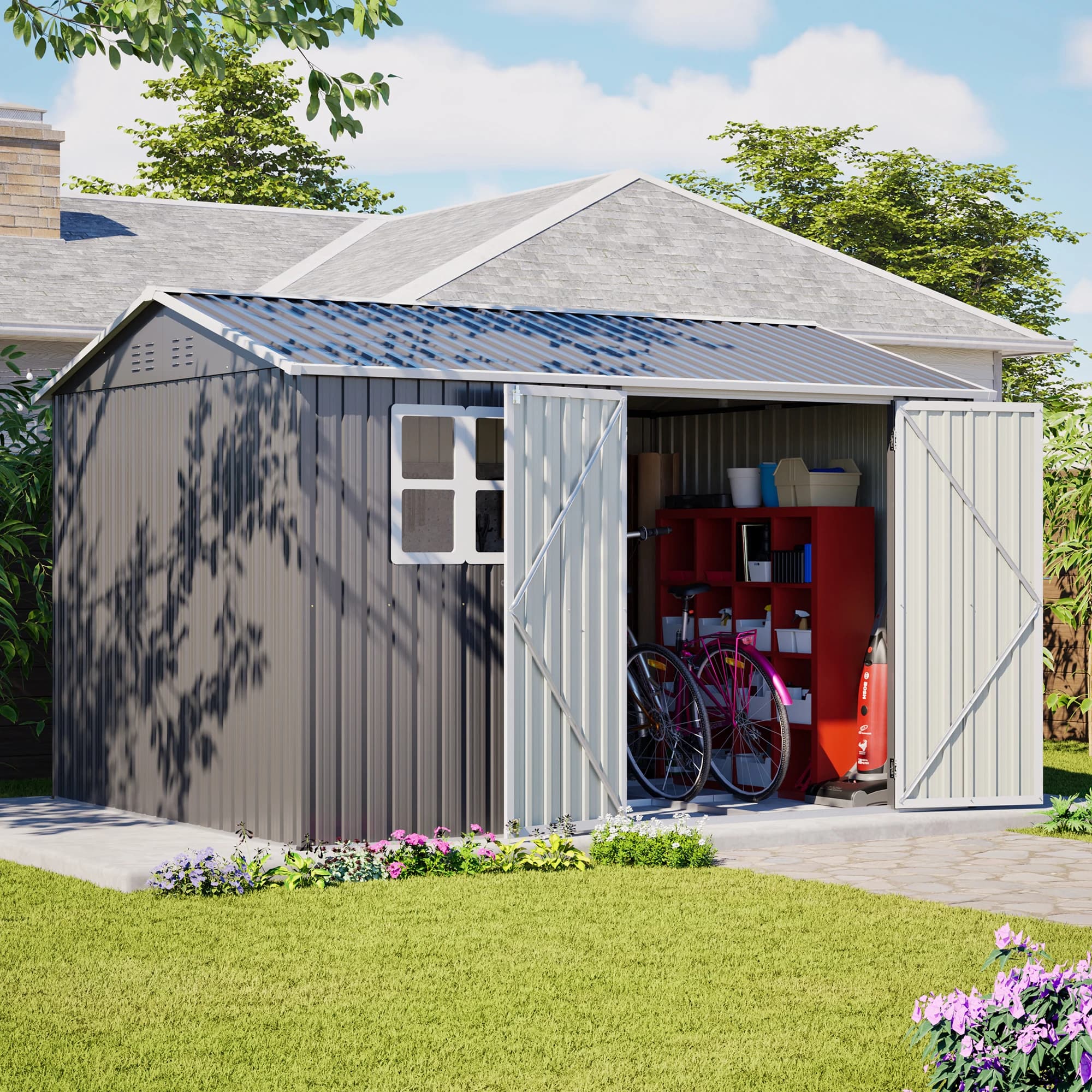 311x240x201 cm Metal Garden Storage Shed Transparent Window 4 Air Vents Anti Moisture Mold Reinforced Ribs Heavy Duty Outdoor Storage House for Yard Tools Lawn Equipment