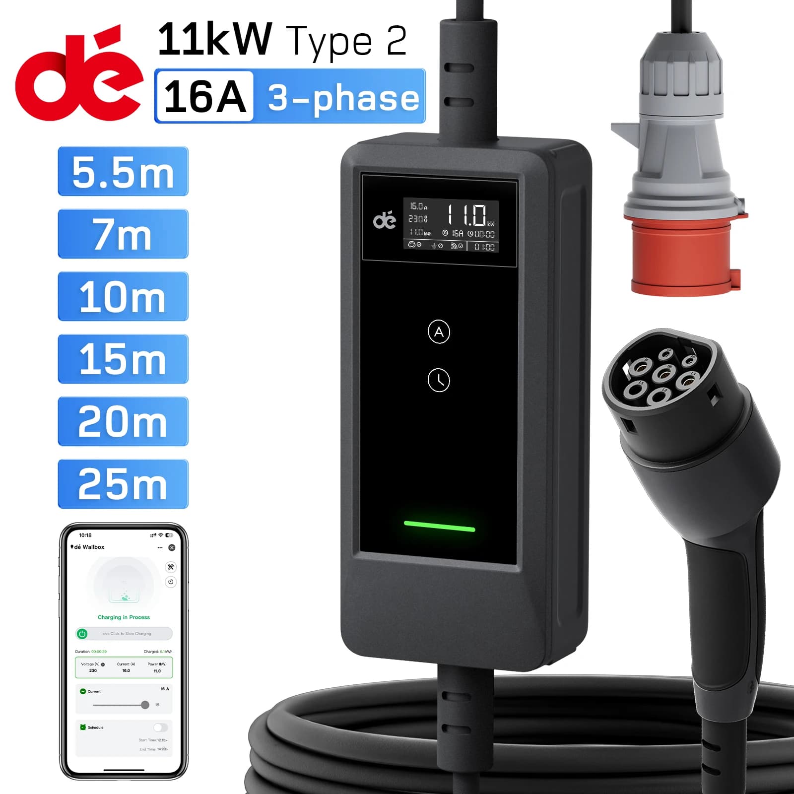 dé EV Charger Type 2 11kW with APP 16A 3-Phase 5.5m 7m 10m 15m 20m 25m Charging Cable Electric Vehicle Charger  CEE Plug to Type 2 with Adjustable Current Portable Charging Station