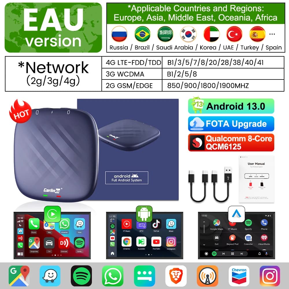 2026 CarlinKit CarPlay AI Box Android 13.0 SM6225 QCM6125 Android Auto Wireless CarPlay Adapter 2.4+5GGPS 64G 128G FOTA Upgrade