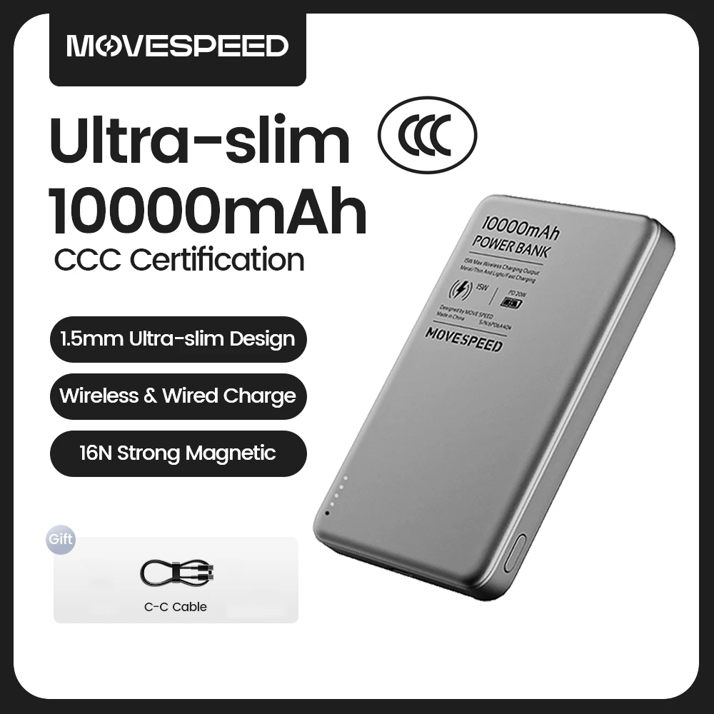 MOVESPEED Magnetic Power Bank 10000mAh Slim Wireless External Batteryfor MagSafe Powerbank for iPhone 16 15 14 13 Samsung 24