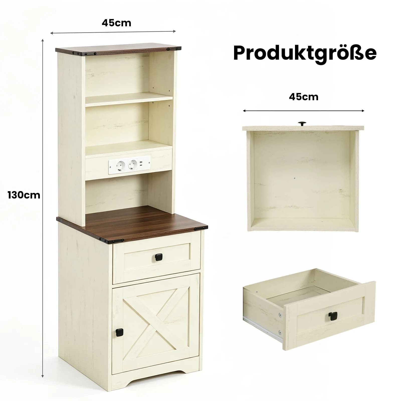 Farmhouse Nightstand Tall Bedside Table with Charging Station LED Night Light Open Shelves Drawer and Barn Door Cabinet Wooden End Table for Bedroom