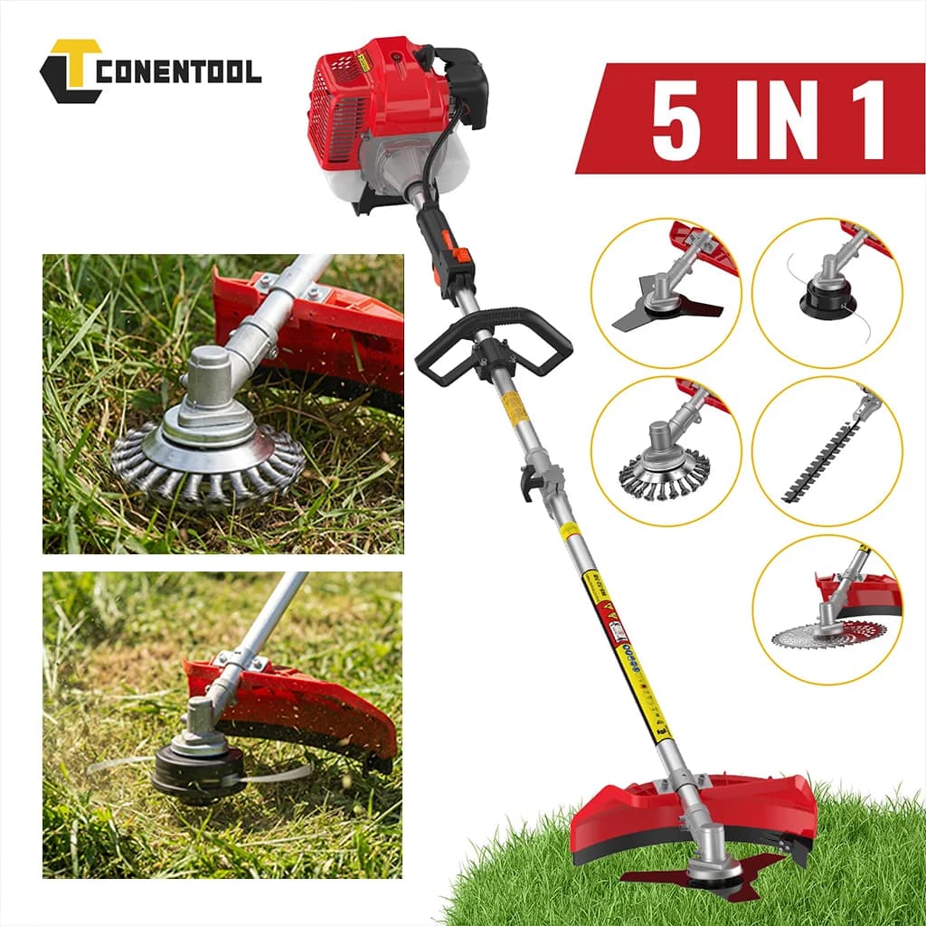 Conentool 11000RPM 52CC Petrol Brush Cutter 5 in 1 Handheld Garden Grass Trimmer 2 Stroke Hedge Trimmer Chainsaw Tool