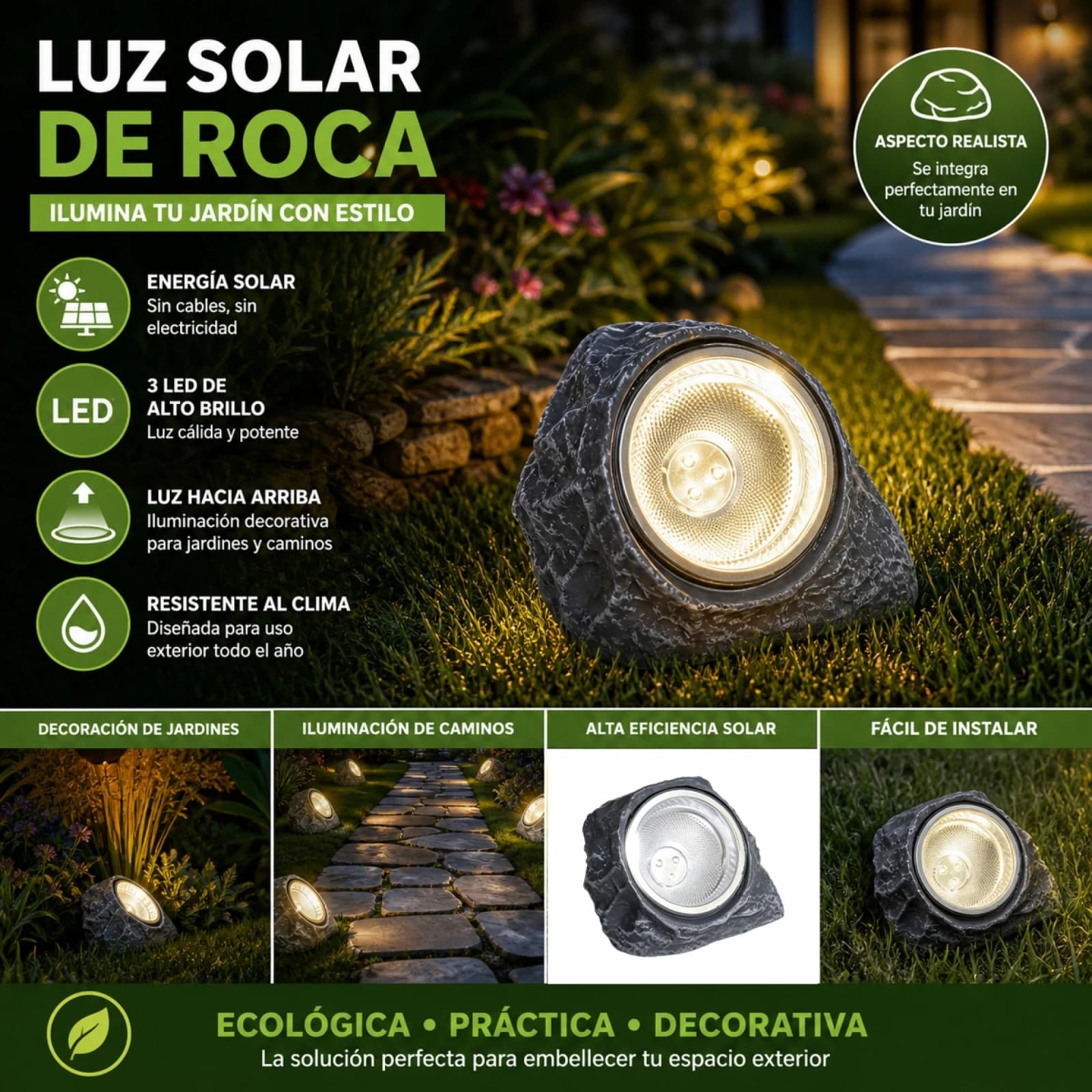 Outdoor Solar Lamp with Realistic Rock Design, 3-Light LED Spotlight for Garden and Paths, Waterproof and Eco-Friendly, Decorative Landscape Lighting in Stone Gray