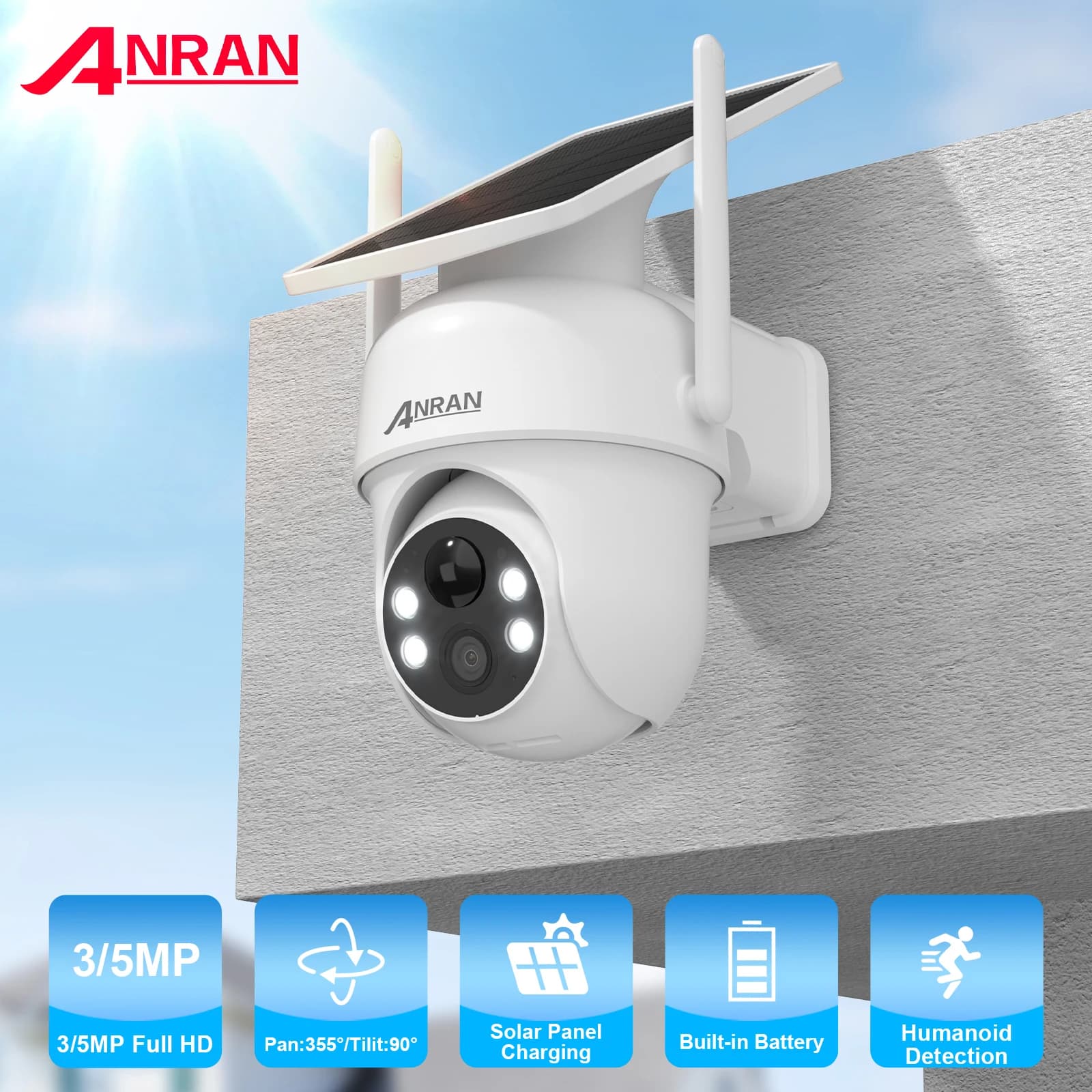 ANRAN 2K 3/5MP Solar Camera 2.4G Wifi Surveillance Security Cameras Home Protection Sloar Battery Cameras PIR Humanoid Detection