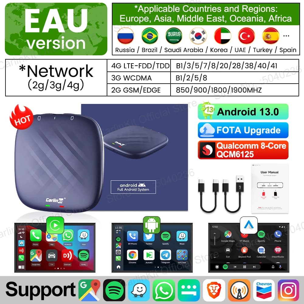 2026 CarlinKit CarPlay AI Box Android 13.0 QCM6225 8-Core Android Auto Wireless CarPlay Adapter 2.4+5GGPS 64G 128G FOTA Upgrade
