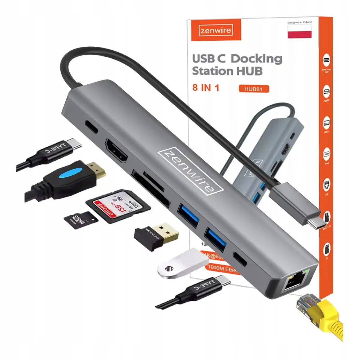 USB-C HUB 8 in 1 HDMI 2.0 4K 60 Hz Gigabit Ethernet 1000 Mbps For Macbook Pro Air M1 M2 M3 M4 Zenwire HUB81 ADAPTER Adapter